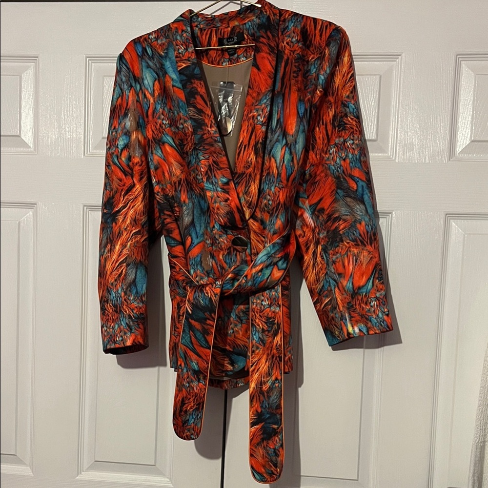 AZI BLAZER XL Bright Bold Colorful Feather Belted Statement Piece